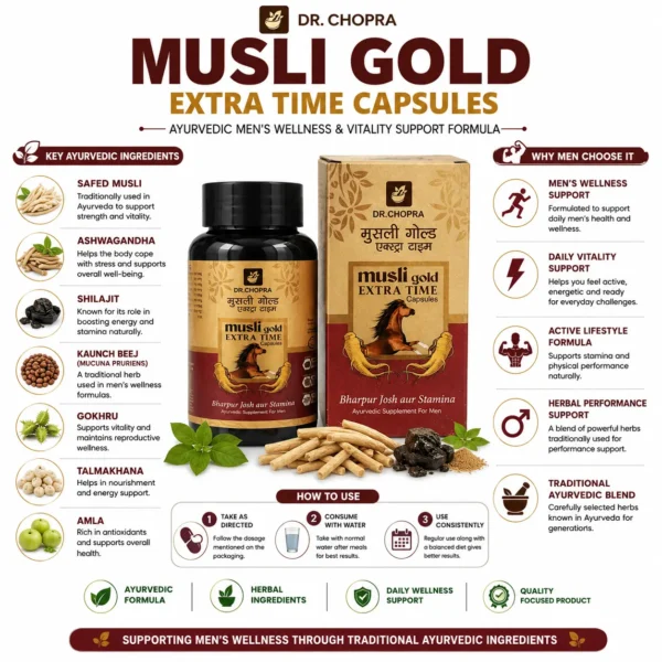Key Ingredients in Musli Gold Extra Time Capsules Including Safed Musli and Ashwagandha