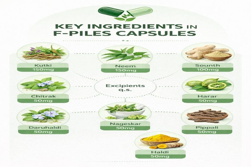 F-Piles capsules key ingredients infographic showing Kutki, Neem, Sounth, Harar, Chitrak, Nagkesar, Daruhaldi, Pippali and Haldi with dosage details