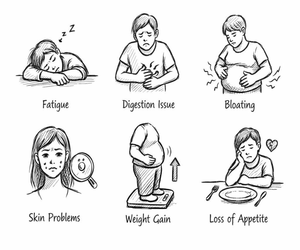 “Liver weak hone ke symptoms jaise thakan, digestion problem, bloating, skin issues aur weight gain ka illustration”