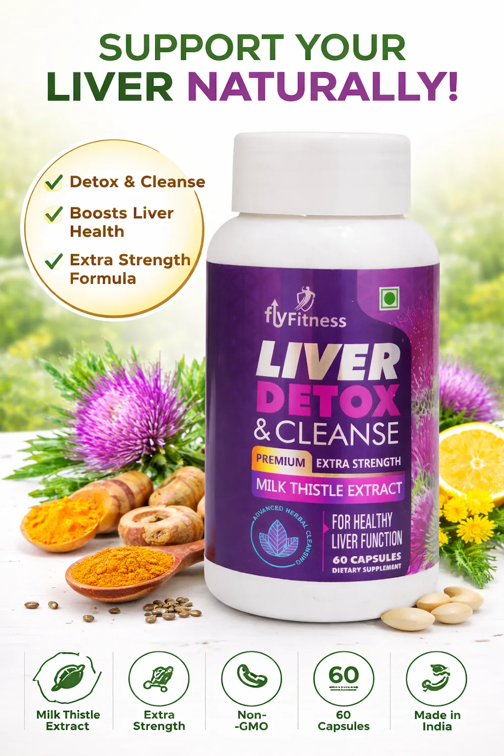 Liver Detox & Cleanse bottle placed with natural ingredients like milk thistle and turmeric, featuring text highlights such as liver support, detox & cleanse, extra strength formula, and 60 capsules on a bright