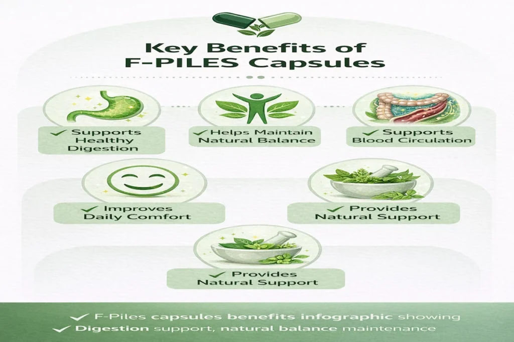 F-Piles capsules benefits digestion support, natural balance maintenance, improved blood circulation and daily comfort support
