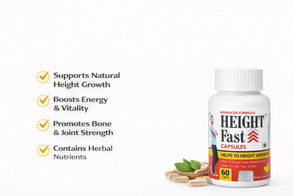 Product infographic showing Height Fast Capsules bottle on a white background with highlighted benefits including support for natural growth, energy and vitality, bone and joint strength, and herbal nutrients, along with capsules and green leaves.