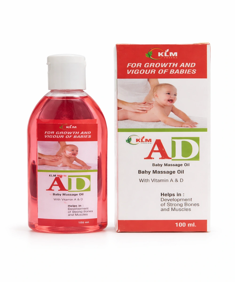 AD baby massage oil bottle with packaging box on white background for baby growth and strength