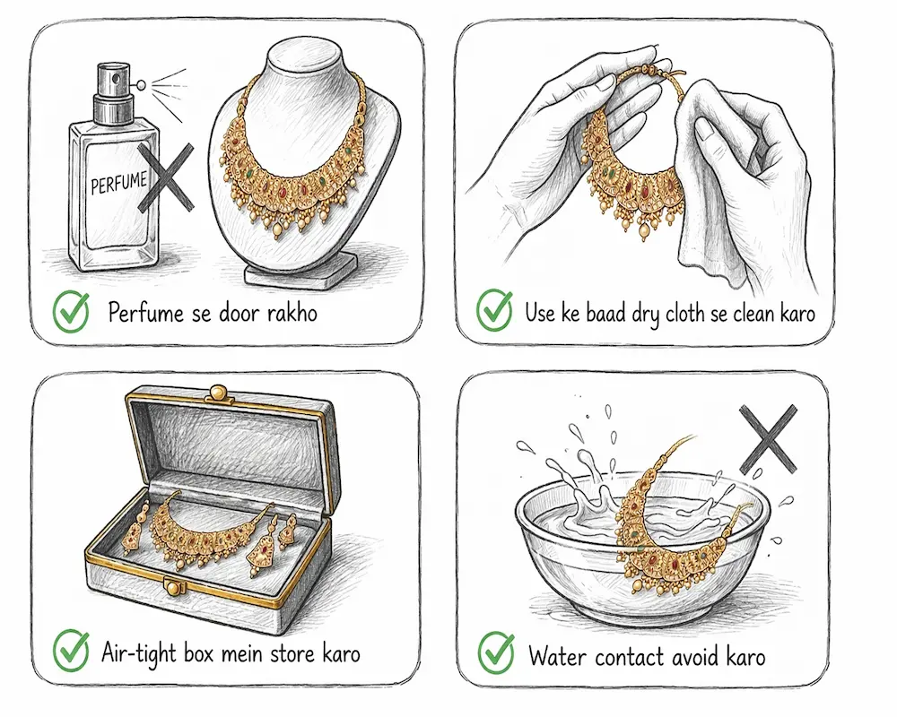 Jewellery care tips illustration showing avoid perfume, clean with dry cloth, store in box and avoid water contact