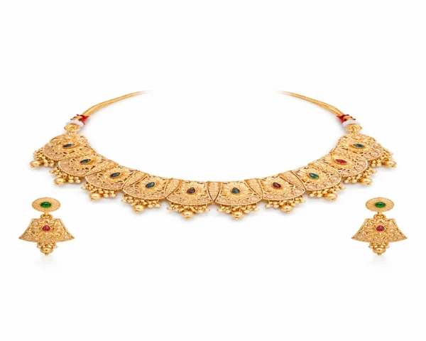 Gold plated choker necklace set for women with earrings temple design ethnic bridal jewellery set