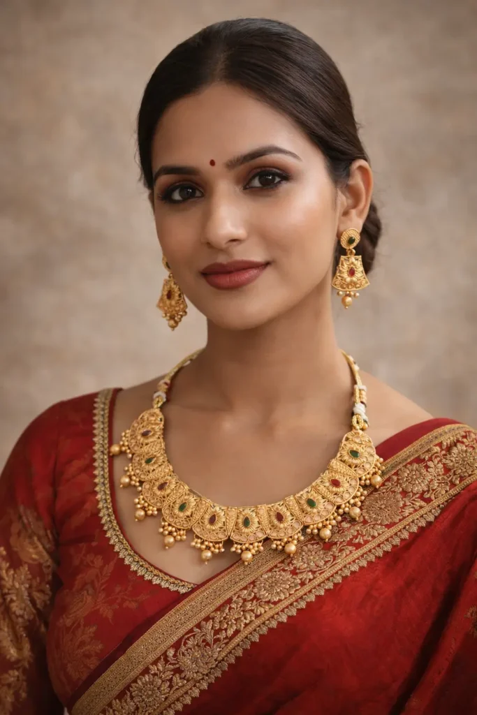 Indian woman wearing traditional gold plated artificial jewellery set with red saree for wedding and festive look