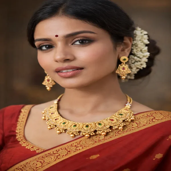 Traditional gold choker necklace set for women with earrings bridal ethnic jewellery red saree look