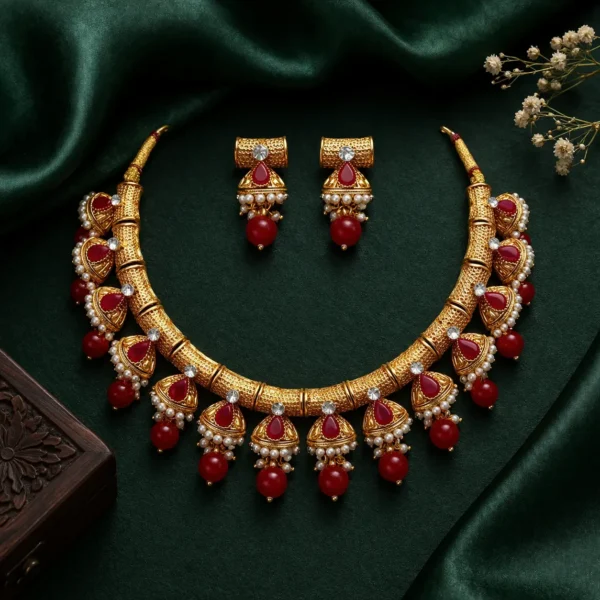 Gold plated kundan necklace set with red stones and pearl drops on dark green royal background traditional bridal jewellery