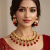 Elegant woman wearing gold plated kundan necklace set with red stones ethnic traditional jewellery