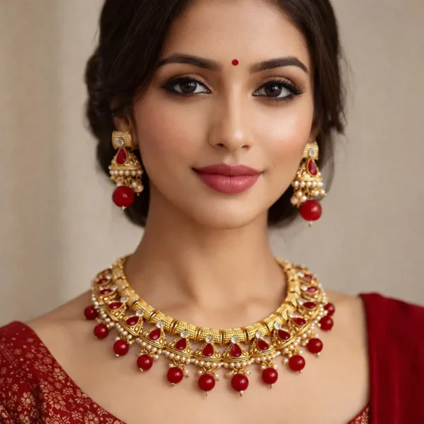 Elegant woman wearing gold plated kundan necklace set with red stones ethnic traditional jewellery