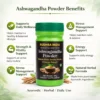 Ashwagandha powder benefits infographic showing wellness support energy and herbal advantages with product bottle