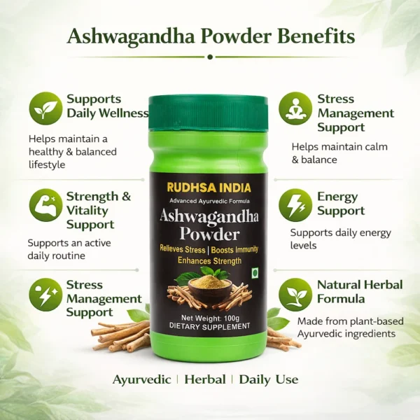 Ashwagandha powder benefits infographic showing wellness support energy and herbal advantages with product bottle