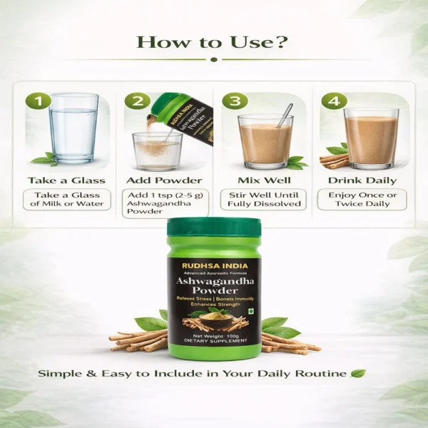 How to use Ashwagandha powder infographic step by step mixing with milk or water daily routine guide