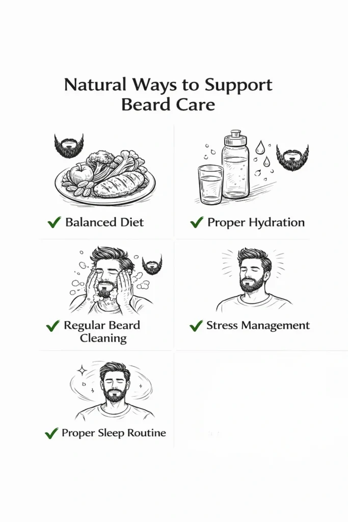 beard care support habits including diet, hydration, cleaning, stress control and proper sleep on white background.