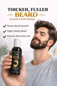 Beard growth oil bottle placed on clean surface with minimal background, focused product shot for beard care promotion.