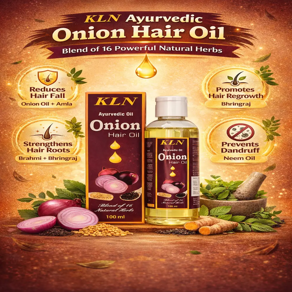 Ayurvedic Onion Hair Oil bottle with packaging on a golden background, highlighting benefits like reduces hair fall, promotes hair growth, strengthens roots, and helps prevent dandruff, along with natural ingredients like onion, herbs, and oils