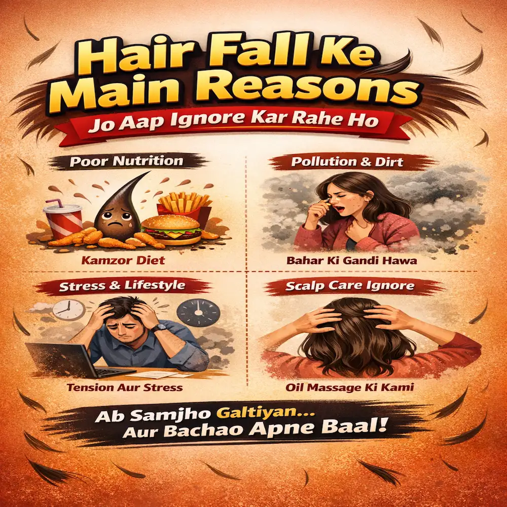 Hair fall main reasons—poor nutrition, pollution & dirt, stress & lifestyle, and lack of scalp care—with illustrated visuals like junk food, polluted air, stressed person, and hair oil massage
