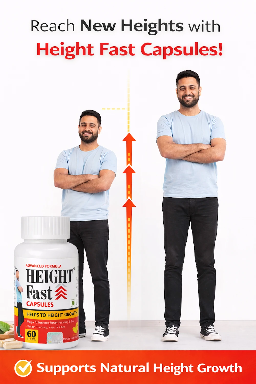 Product image showing Height Fast Capsules bottle with a visual comparison of a person appearing shorter and taller side by side, illustrated with an upward arrow to represent growth support, set on a clean white background.