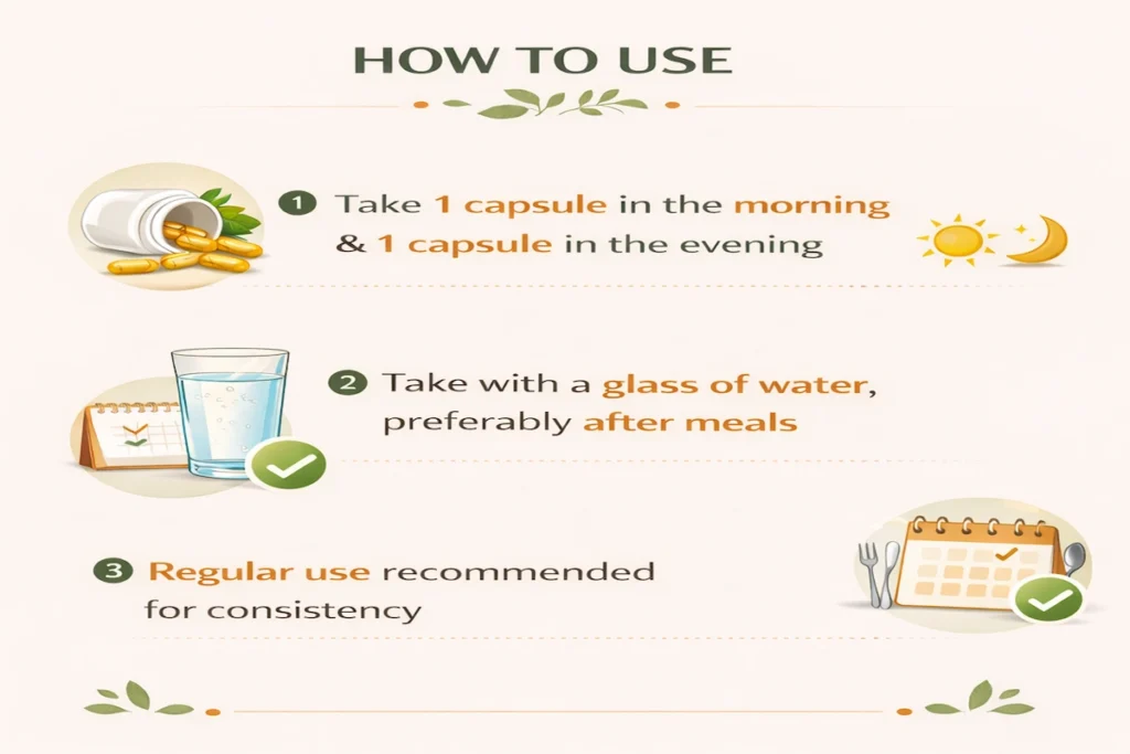 How to use height growth capsules infographic showing 1 capsule in morning and evening, take with water after meals, and regular use for consistency