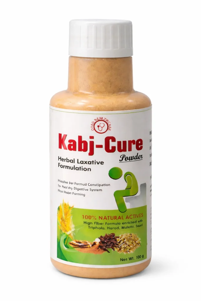 Kabj-Cure Powder bottle on plain white background, herbal laxative product in a clear, focused single-item shot