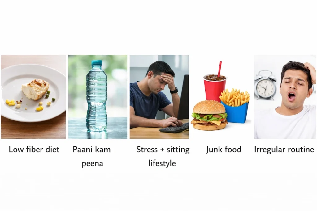 low fiber diet, dehydration, stress lifestyle aur junk food habits.