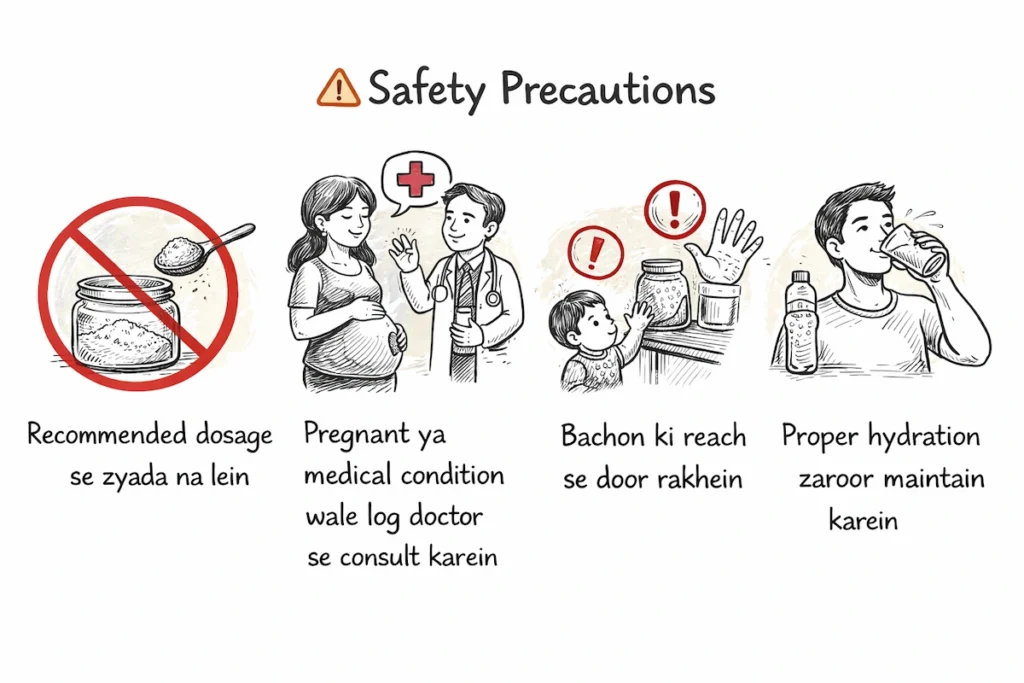 Kabz ka natural ilaj use karte waqt safety tips – correct dosage, doctor consultation, child safety aur hydration guide