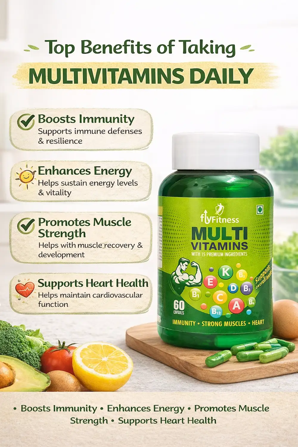 a multivitamin supplement bottle placed on a kitchen surface with fresh fruits and capsules, highlighting key benefits like immunity support, energy enhancement, muscle strength, and heart health.