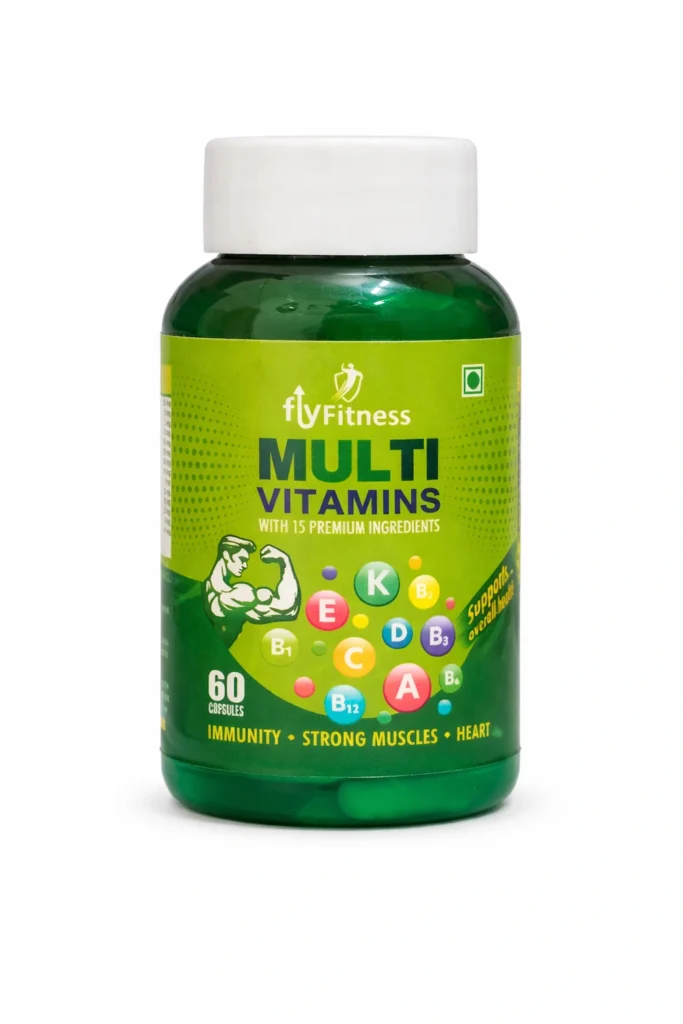 Multivitamins bottle with green label and white cap placed