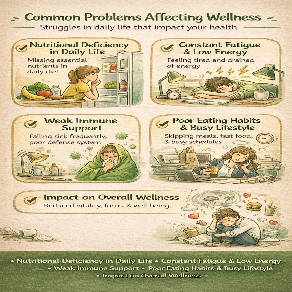 common daily health problems such as nutritional deficiency, constant fatigue and low energy, weak immune support, poor eating habits with a busy lifestyle, and their impact on overall wellness,