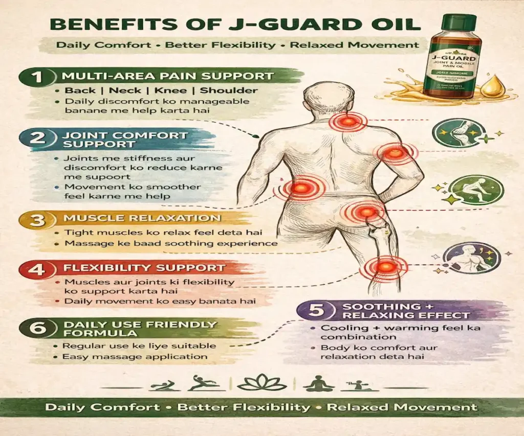J-Guard Joint & Muscle Pain Oil benefits infographic showing joint comfort, muscle relaxation and flexibility support