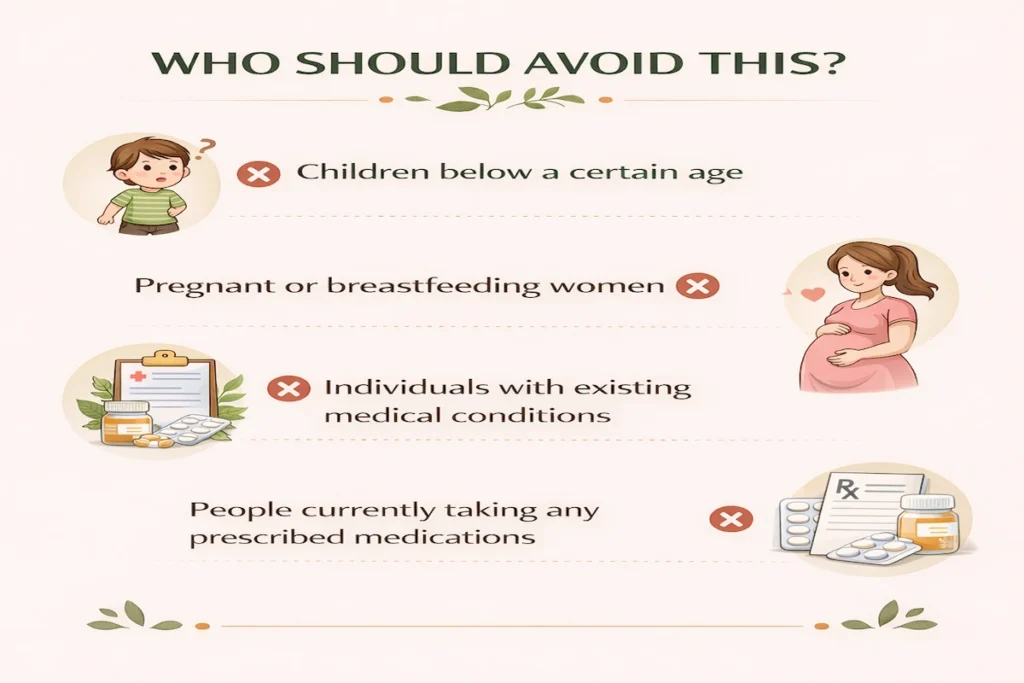 Who should avoid height growth capsules infographic showing children, pregnant women, people with medical conditions, and those taking medications