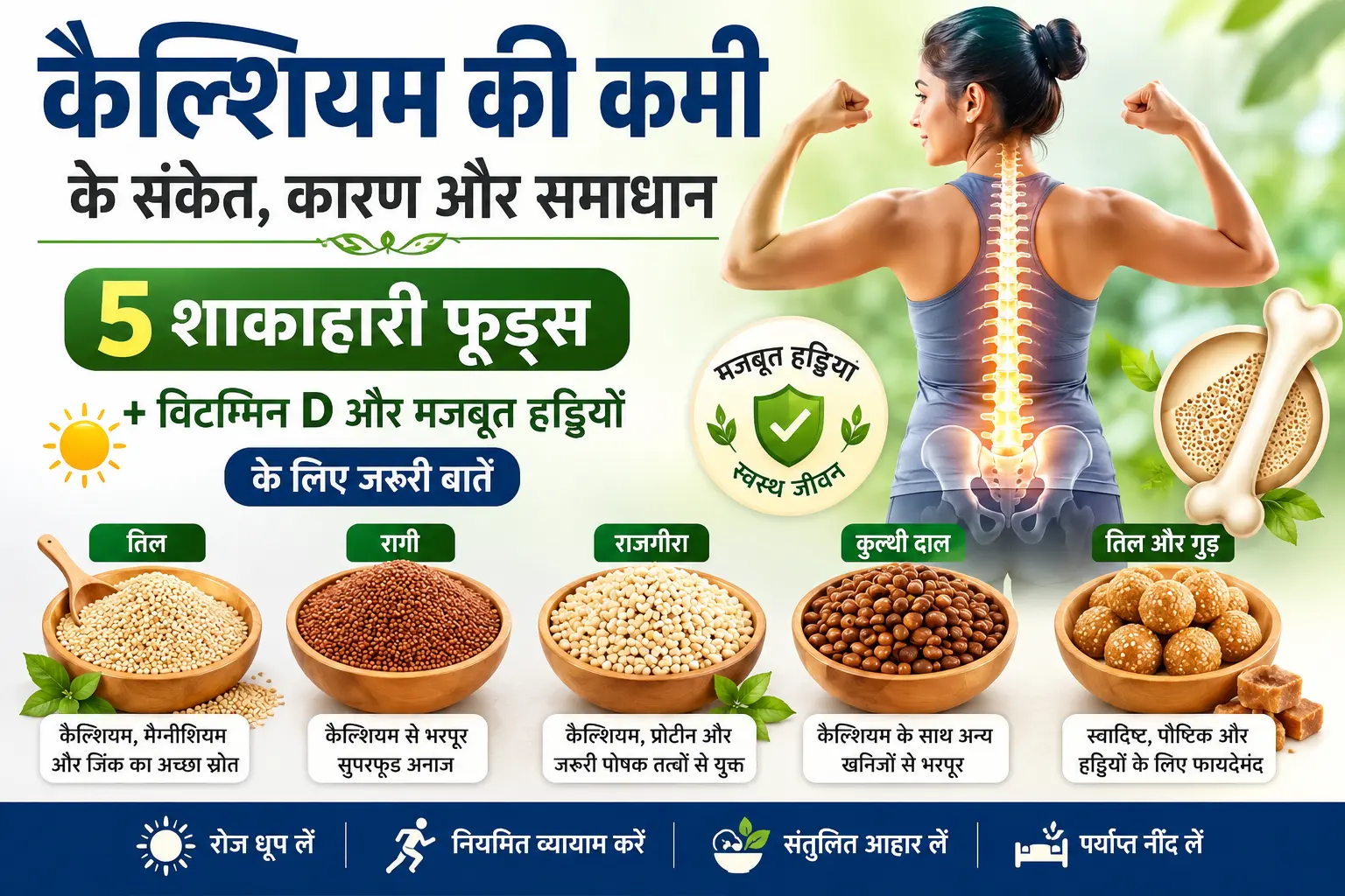 कैल्शियम की कमी के संकेत, 5 शाकाहारी फूड्स, विटामिन D और मजबूत हड्डियों की जानकारी