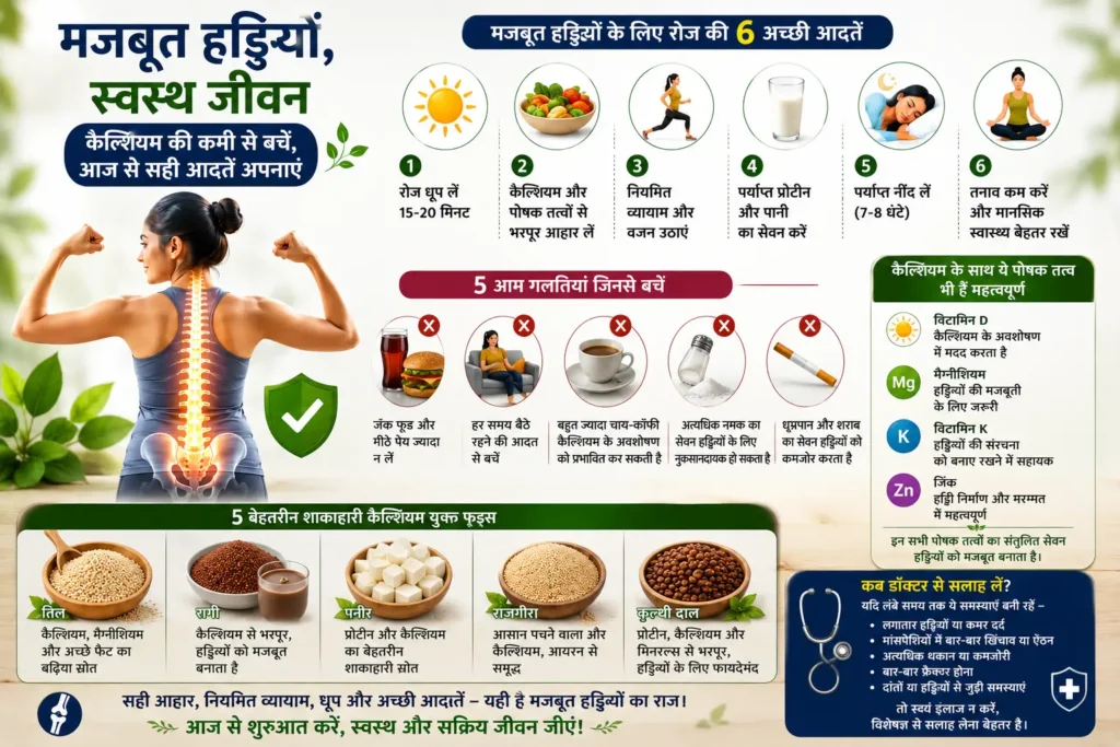 मजबूत हड्डियों के लिए अच्छी आदतें, कैल्शियम युक्त फूड्स और किन गलतियों से बचना चाहिए