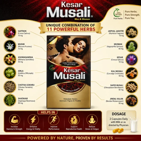 Kesar Musali Ayurvedic herbal ingredients infographic with saffron and musli blend