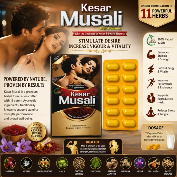 Kesar Musali premium herbal wellness capsules lifestyle presentation