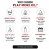 Play More Oil 30ml product highlights showing herbal formula, external use and easy application