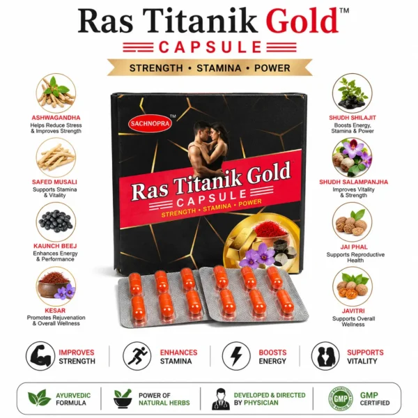 Ras Titanik Gold Ayurvedic herbal ingredients infographic
