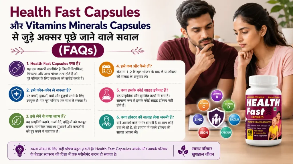 Health Fast Capsules और Vitamins Minerals Capsules से जुड़े अक्सर पूछे जाने वाले सवाल (FAQs), सही उपयोग, पोषण संबंधी जानकारी और सामान्य प्रश्नों को दर्शाती जानकारीपूर्ण इन्फोग्राफिक।