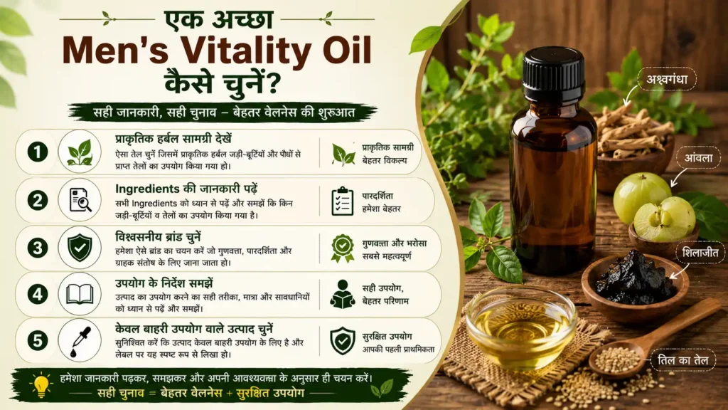 एक अच्छा मेंस वाइटैलिटी ऑयल कैसे चुनें – सामग्री, गुणवत्ता और उपयोग संबंधी महत्वपूर्ण बातें