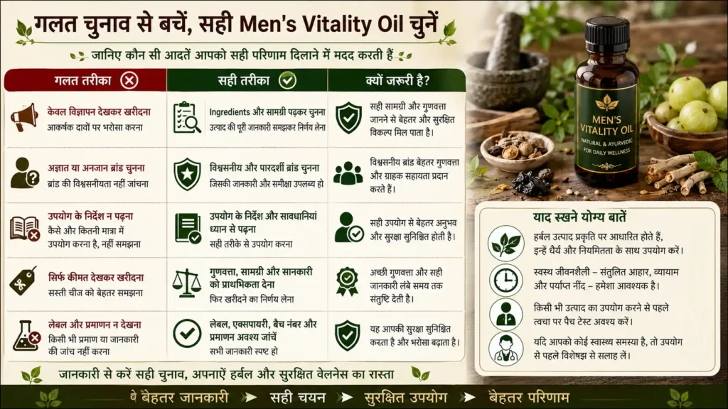 मेंस वाइटैलिटी ऑयल खरीदने से पहले सही और गलत चुनाव की तुलना