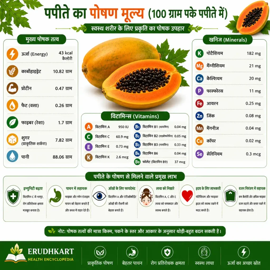 पपीते का पोषण मूल्य – 100 ग्राम पके पपीते में ऊर्जा, कार्बोहाइड्रेट, फाइबर, विटामिन, मिनरल और प्रमुख पोषक तत्वों का इन्फोग्राफिक