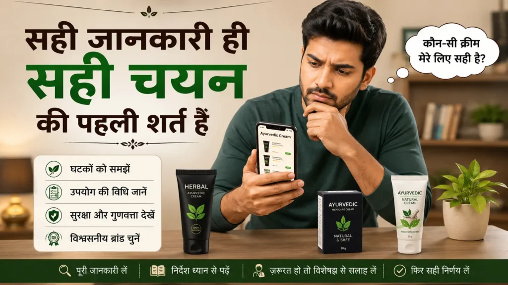 सही आयुर्वेदिक क्रीम चुनने से पहले जानकारी प्राप्त करता भारतीय पुरुष