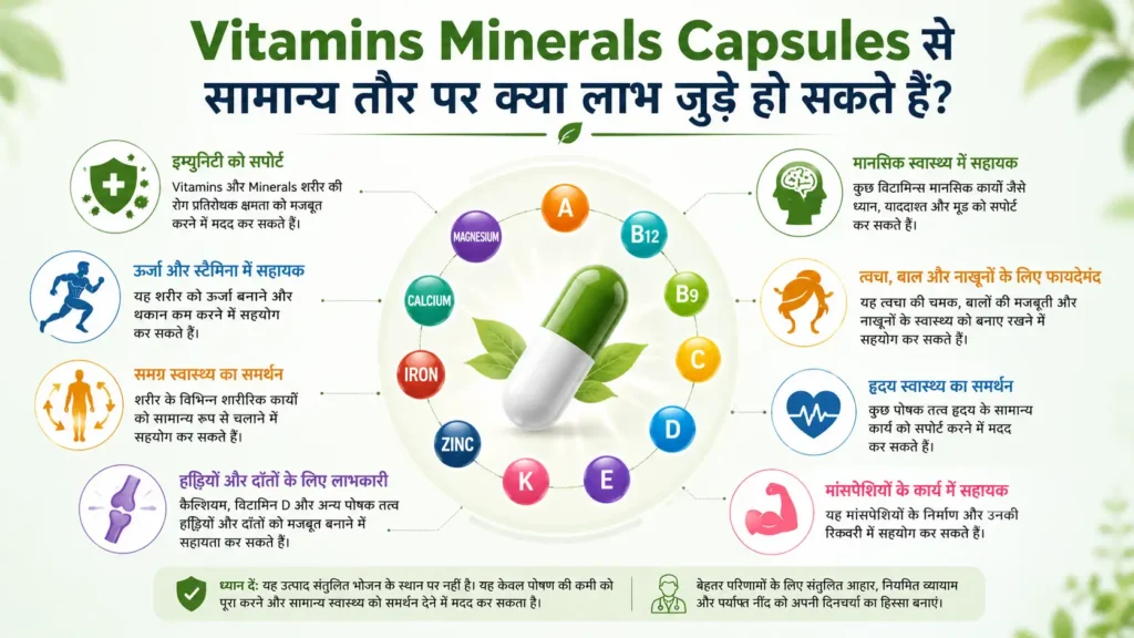 Vitamins Minerals Capsules के सामान्य लाभ, दैनिक पोषण सहयोग, ऊर्जा, प्रतिरक्षा प्रणाली, हड्डियों के स्वास्थ्य और संतुलित जीवनशैली को दर्शाती जानकारीपूर्ण इन्फोग्राफिक।