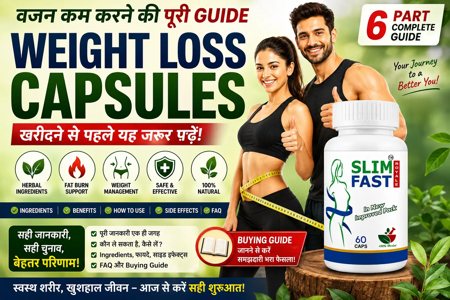 Weight Loss Capsules Complete Buying Guide featuring Slim Fast Royale, healthy man and woman, ingredients, FAQ and buying guide infographic