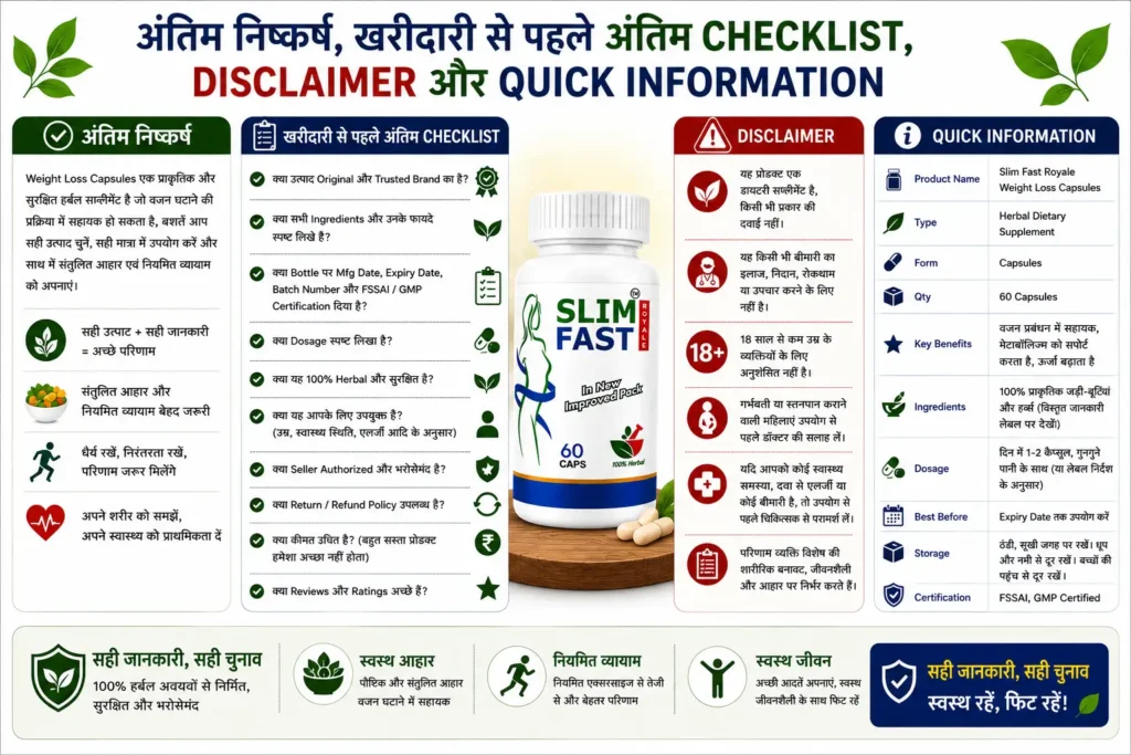 Weight Loss Capsules final buying checklist infographic featuring Slim Fast Royale, quick information, disclaimer, smart buying tips and product summary guide