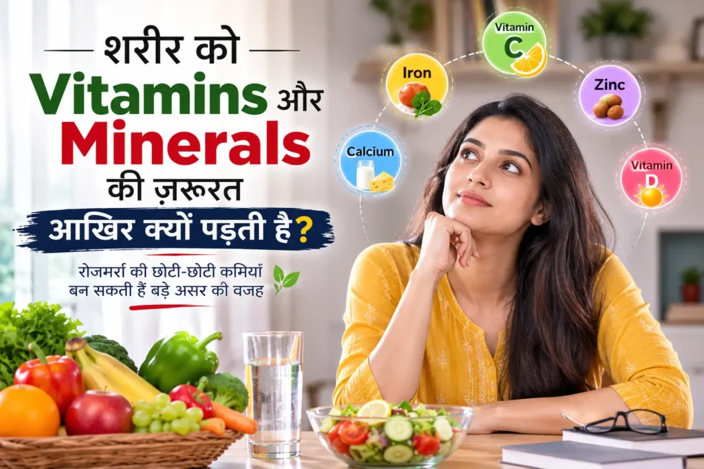 शरीर में Vitamins और Minerals की भूमिका, संतुलित पोषण, ऊर्जा, प्रतिरक्षा प्रणाली और स्वस्थ जीवनशैली को दर्शाती जानकारीपूर्ण इन्फोग्राफिक।