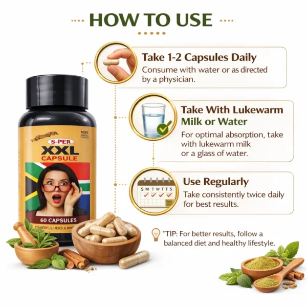How to use XXL Capsule Stamina Booster for Men with daily dosage, lukewarm milk or water, and regular use instructions for best results.